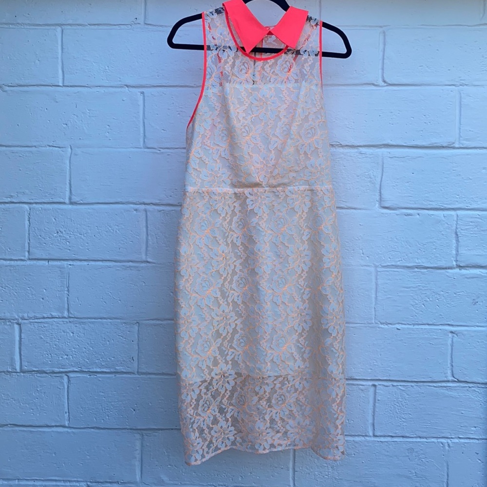 White and neon orange lace dress with neon pink detail | size L